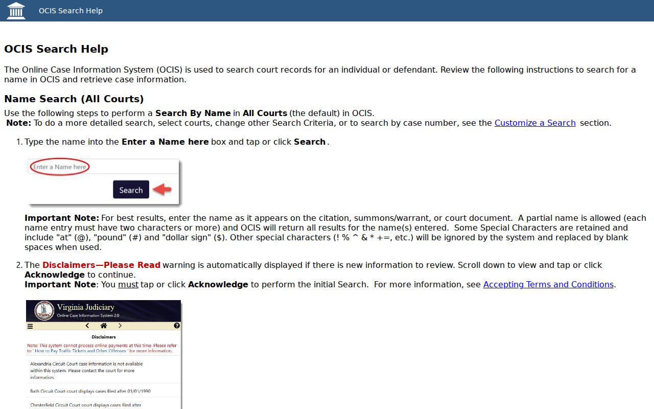 Wise County warrant lookup, Virginia OCIS disclaimer and search guidance