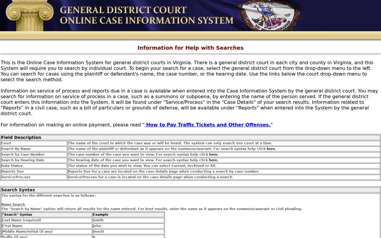 Wise County warrant lookup search fields in Virginia's GDC portal