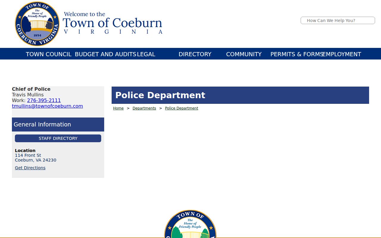 Coeburn Police Department official contact page for warrant search questions
